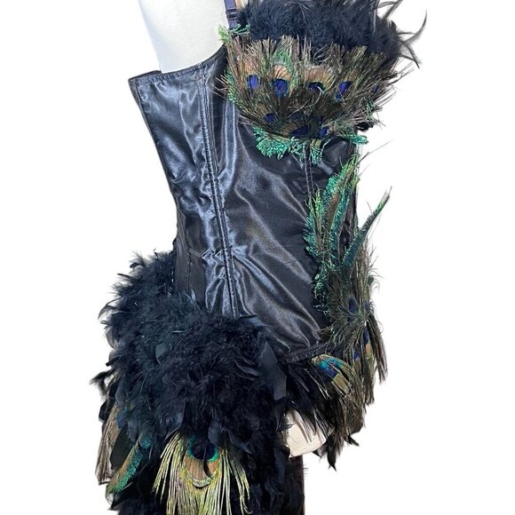 Fantasy Masquerade Peacock Feather Corset Dress Burlesque Gothic Steampunk Hi Lo - Picture 11 of 16